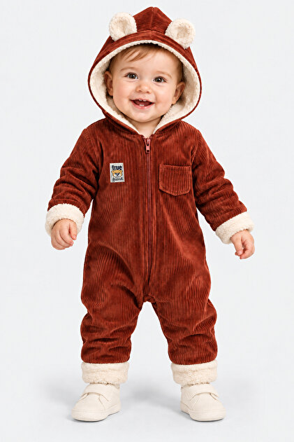 İçi Welsoft Dışı Kadife Kapüşonlu Kışlık Unisex Bebek Astronot Tulum Kulaklı Kapüşonlu Fermuarlı Uyku Tulumu