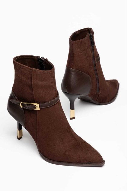 Women's Pointed Toe Thin Heeled Brown Side Buckle Boots Esvon Brown Suede