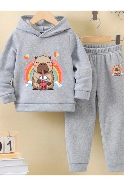 Hooded Capybara Smoothie Printed 100% Cotton Sharded Pocketless Girls' Winter Track Suit