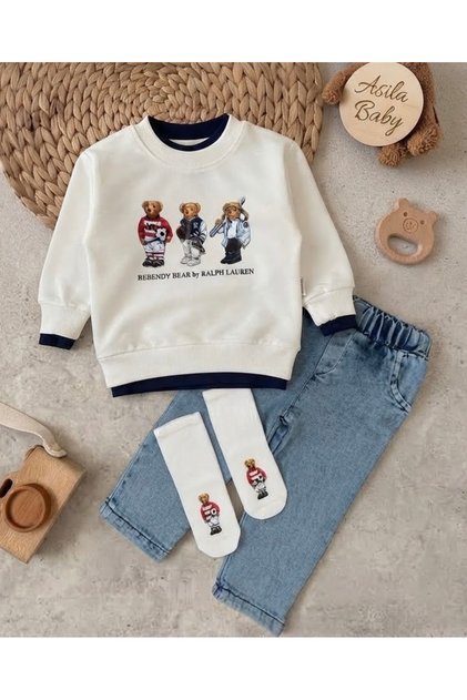 Teddy bear print sweatshirt, printed lycra stretch denim pants, and teddy bear print socks 3-piece baby boy set