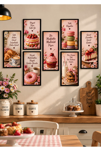 7 Parça Tatlı Rüyalar Mutfak Tablo Seti 10x20 cm Çerçeve Görünümlü MDF Dekoratif Duvar Tablosu