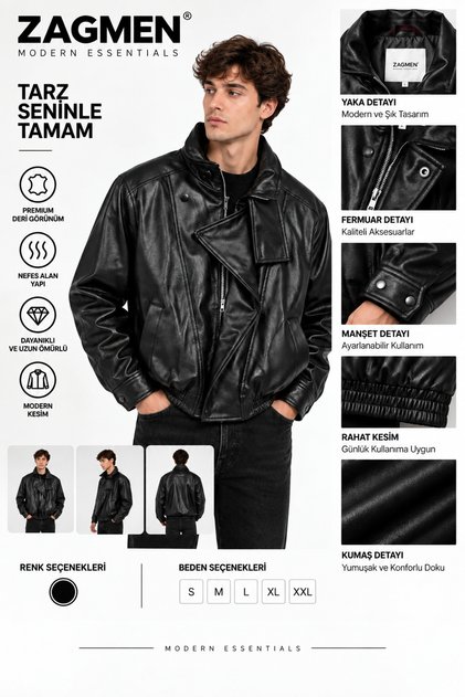Erkek Siyah Oversize Deri Ceket Fermuarlı Rahat Kesim Biker Ceket