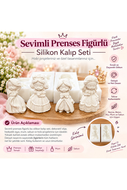 4'lü Prenses Figürlü Silikon Kalıp Seti – Dekoratif Prenses Biblo, Mum, Sabun, Reçine ve Hobi Kalıbı(her biri ortalama 8*5 cm)