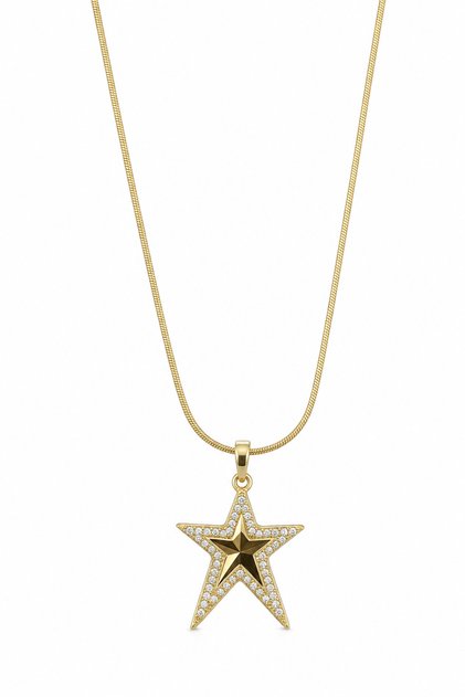 Yellow Color Steel Star Pendant Necklace with Zircon Stone Detail for Women