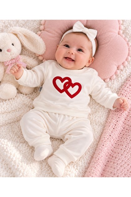 Ss Gi̇yi̇m Baby Girl Heart Printed 2-Piece Set – Ecru Long Sleeve Top and Pants