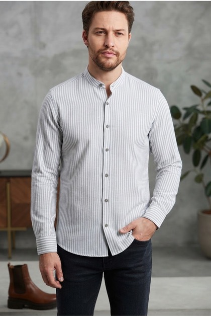 Men's Regular Fit Comfortable Cut Long Sleeve Stand Collar 100% Cotton Shirt