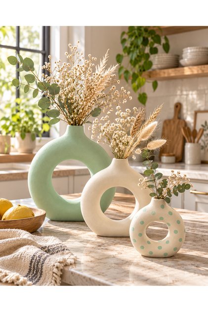 3’lü Dekoratif Halka Vazo Seti Pastel Yeşil Krem Benekli Modern Salon Masa Üstü Dekor