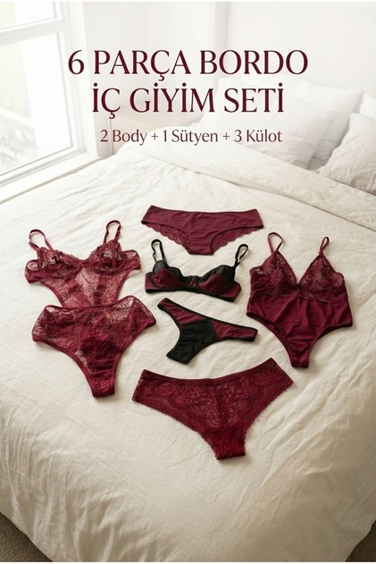 Women's Burgundy 6 Piece Lace Lingerie Set – 2 Bodysuits, 1 Bra and 3 Panties