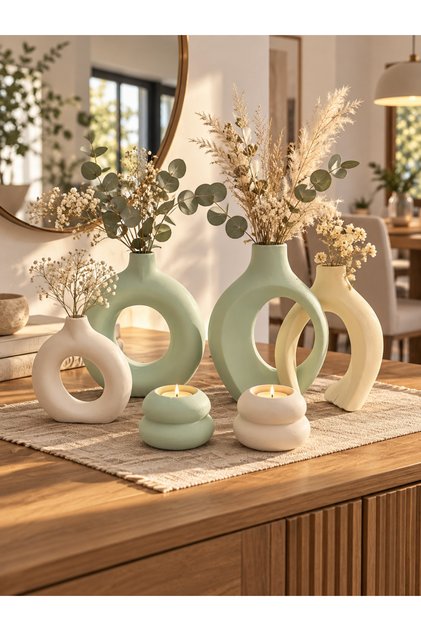 6’lı Dekoratif Vazo ve Mumluk Seti Pastel Yeşil Krem Halka Sarmaşık Model Salon Sehpa Konsol Dekoru