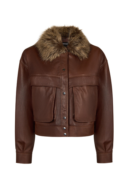 Margot Women's Whiskey Short Collar Fur Leather Jacket 26Wgd5724Ml