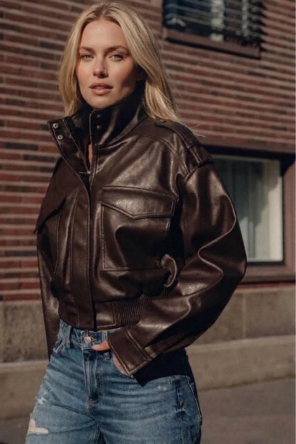 Agli̇mmer Women's Light Brown Faux Leather Jacket with High Collar Apolete