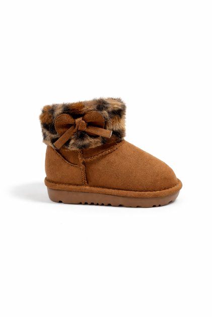 Children's Brown Leopard Patterned Fur Bow Detailed Orthopedic Sole Winter Boots