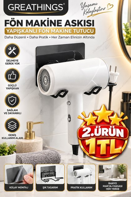 Siyah Yapışkanlı Fön Makinesi Askısı Duvar Tipi Saç Kurutma Makinesi Tutucu Aparatı