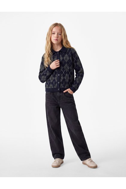 Baklava Patterned Buttoned Long Sleeve Polo Collar Knitwear Cardigan