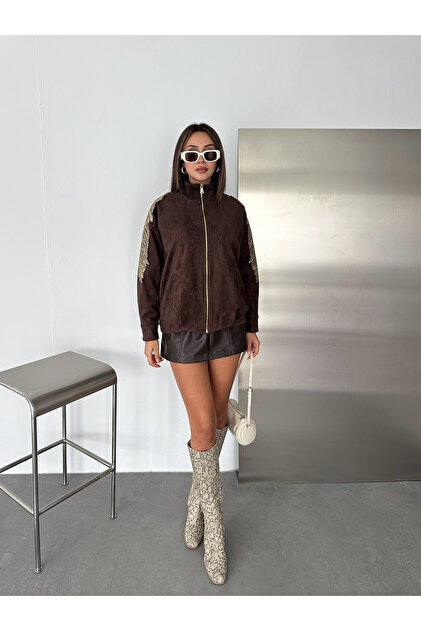 Women's Suede Stand Collar Jacket with Full Zipper Pocket and Shoulder Detail
