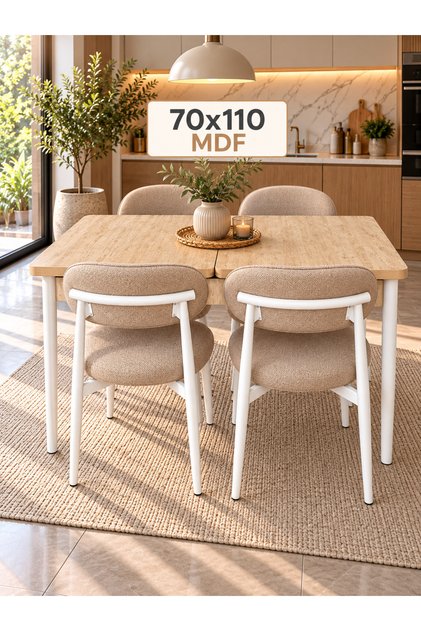 Calve Serisi MDF 70x110 Açılabilir Traverten Masa 4 Adet Silinebilir Sandalye Masa Takımı Metal İskelet Kapiçino