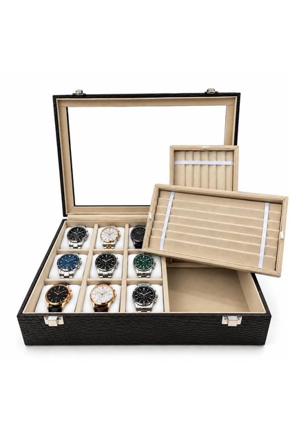 Watch and Prayer Beads Box with 9 Prayer Beads Compartments, Crocodile Brown