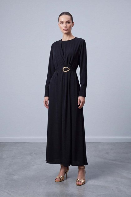 Buckle Belt Detailed Maxi Dress Black