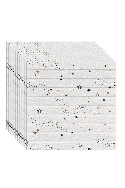 Set de 20 de piese de tapet 3D autoadezive, Macvi ® dimensiuni 70x77, Model Cărămidă Stea Albă, acoperă 10,6 metri pătrați, este rezistent la apă și oferă un design modern oricărui spațiu
