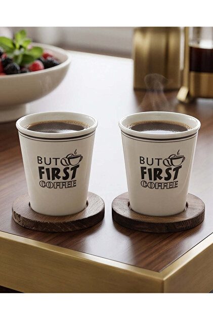 White Ceramic Cup With Wooden Coaster 4 Piece Set