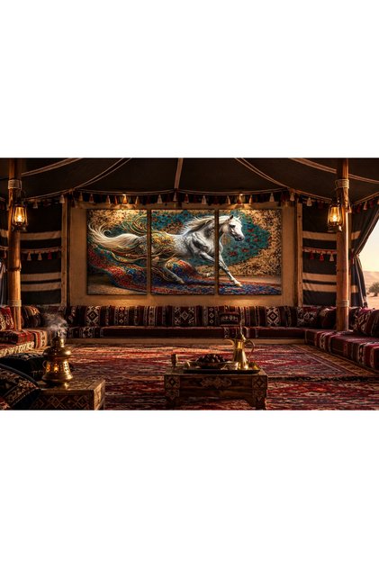 لوحة جدارية 3 قطع حصان عربي خيل خيول فخم على سجادة فارسية - ديكور جداري فاخر للمجلس والصالة 120×60 سم