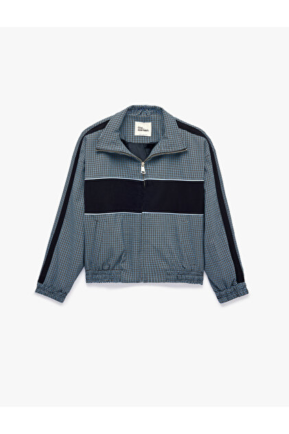 Color Blocked Ribbed Checkered Pocket Zippered Stand Collar Seasonal Vintage Jacket