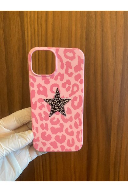 iPhone 13/14 Star Leopard Printed Inside Velvet Launch Silicone Phone Case (Pink Color)
