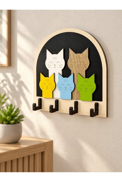 Colorful Cat Themed Mdf Wall Key Hanger with 4 Hangers 22X22 cm