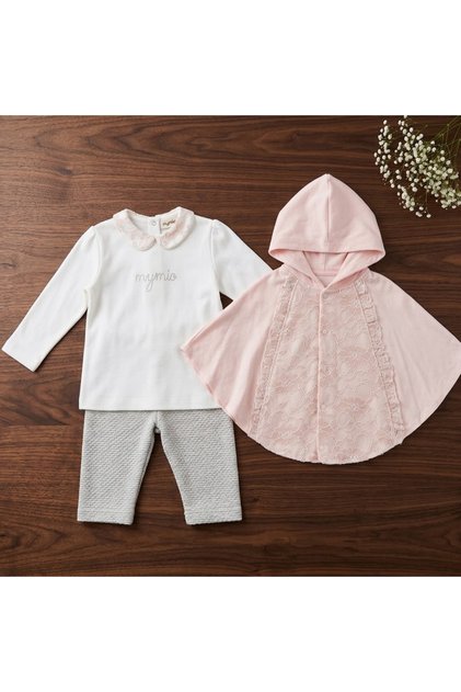 Set Compleu Bebe Fetițe Mymio, 3 Piese: Bluză cu Guler, Pantaloni și Capă/Poncho cu Dantelă și Glugă, Alb/Gri/Roz, Mărimea 12-18 luni