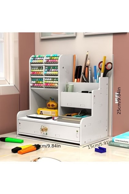 Desktop Organiser with Drawer, Multi-Compartment, 25x25x15cm