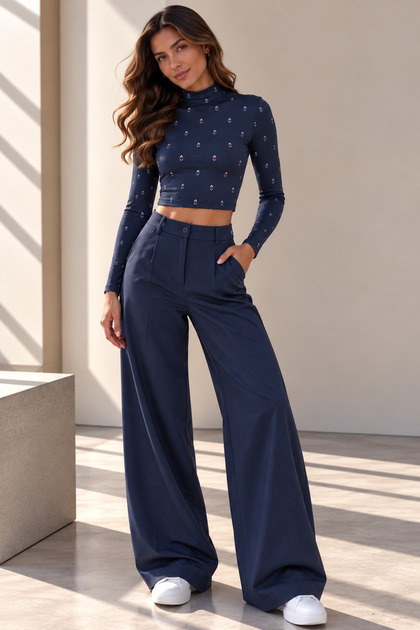 Women's Navy Blue Mini Patterned High Neck Long Sleeve Cropped Blouse