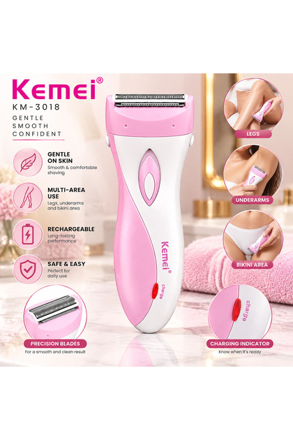 Kemei KM-3018 Electric Lady Shaver for Women, Rechargeable Hair Removal Device with Precision Blades, Smooth Skin Trimmer for Legs, Arms, Underarms & Bikini Area, Portable Body Grooming Tool