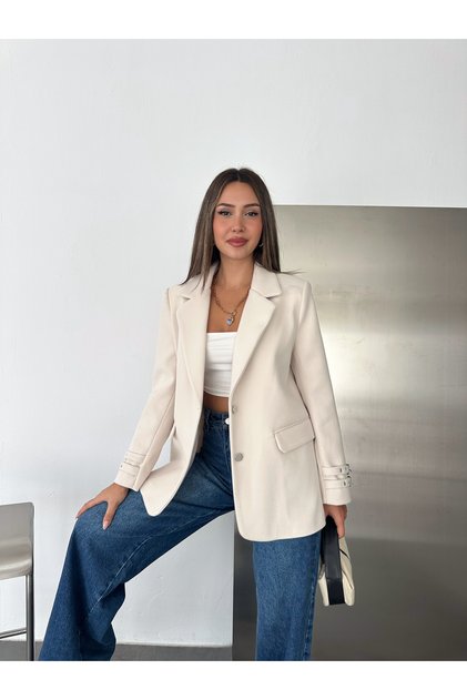 Kadın Kaşe Kumaş Çift Düğmeli Kruvaze Blazer Ceket Çift Tokalı Manşet Detaylı