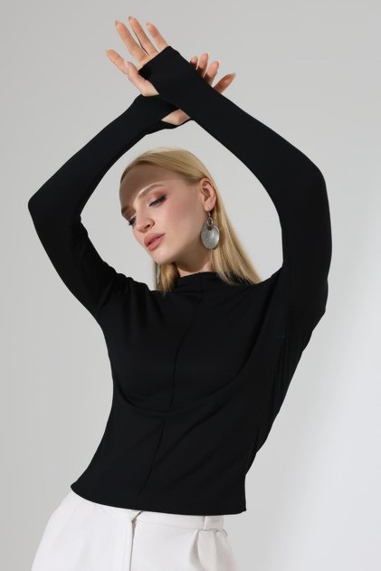 Women's Buzzy Ribbed High Neck Long Sleeve Finger-Looped Blouse