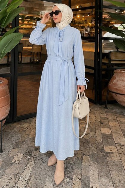 Stone Detailed Scarf Collar Blue Hijab Dress 5335m