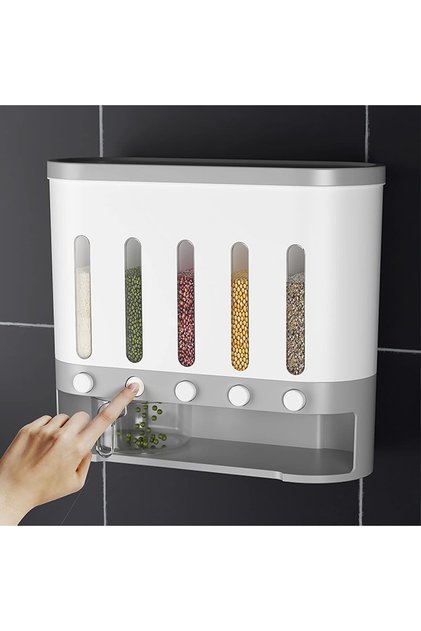 موزع طعام جاف مثبت على الحائط، موزع تخزين بسعة 10 لتر مع 5 أقسام، تحكم حر في إخراج الطعام، صندوق تخزين للفواكه والطعام الجاف للمنزل والمطبخ