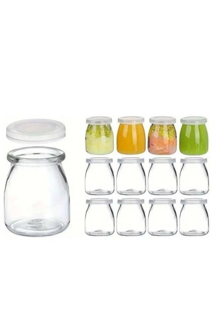 200ml Yoghurt Jars pudding Jar with Lid Glass, (Pack of 12) Container With Lid For Milk Jams Jelly Mousse Yogurt Making, Jam, Jelly, Mousse & Honey - Reusable, Round Containers for Home Kitchen Stora