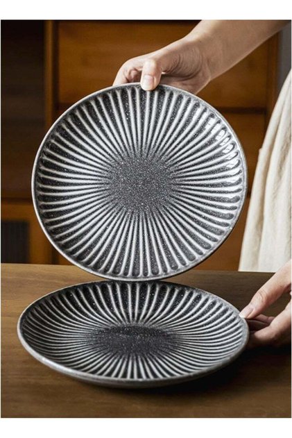 Set of 2 Reactive Glaze Ceramic Dinner Plates 8.1 Inch Black & White Radial Striped Design Dishwash