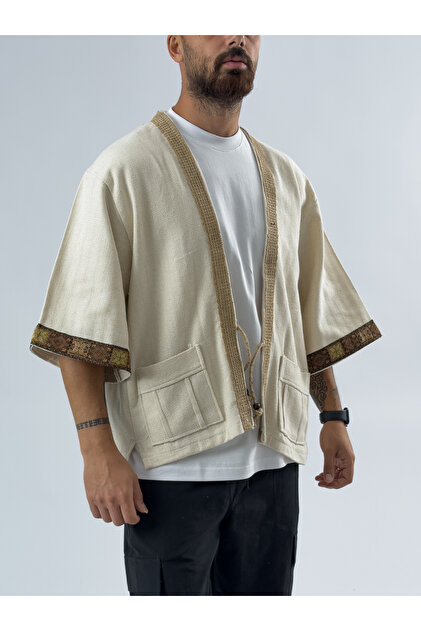 Wicker Detailed Design Ecru Men's Kimono Coc3448