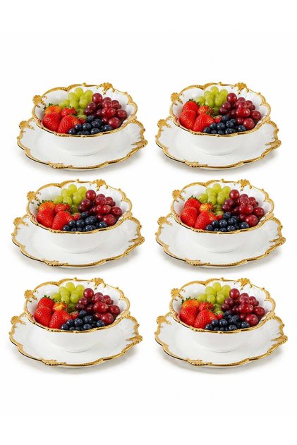 LIFE SMILE 6-Piece Bowl and Saucer Set, White & Gold, Serving Bowls for Soup, Dessert, Appetizer, S