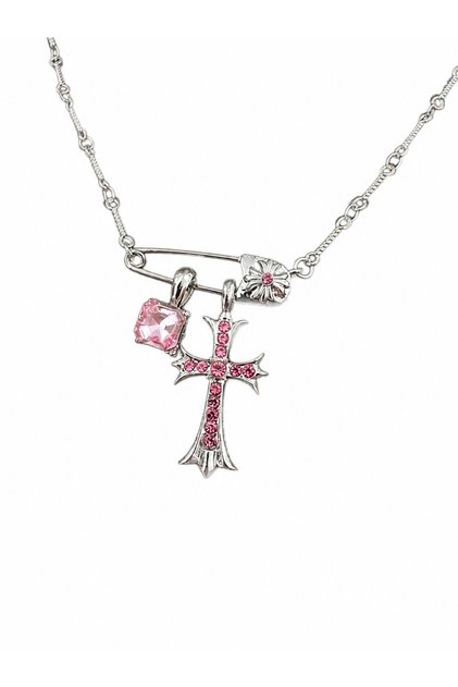 Colier cu cruce argintiu roz - Unisex, Lantisor 50 cm