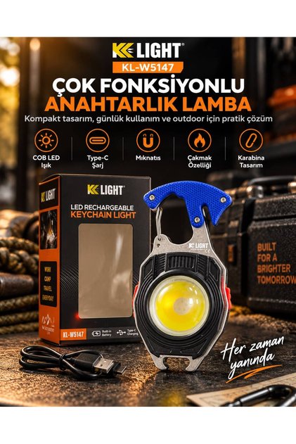 K Light KL-W5147 Çok Fonksiyonlu Şarjlı COB LED Anahtarlık Feneri – Type-C, Mıknatıslı, Karabinalı, Çakmak ve Şişe Açacağı Özellikli