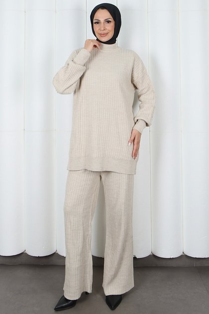 Half Turtleneck Sweater with Sleeve Detail and Trousers Knitwear Set Cream Hnt2811
