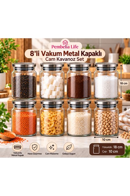 8’li Metal Vakum Kapaklı Cam 800 cc Çay Şeker Kahve Tuz Bakliyat Erzak Saklama Kavanoz Seti Baharatlık Takımı