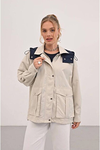 Women's Special Edition Double Color Detailed Raincoat/Windbreaker Hooded Jacket