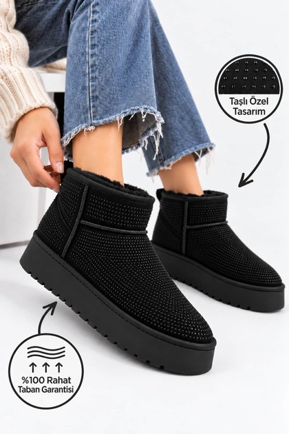 Women's Boots Stone Detailed Fur Lined Winter Short Boots Thick Sole Daily Suede Women's Boots