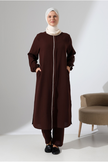 Women's Linen Embroidered Muslin Hijab Double Set Cotton Hajj and Umrah Outfit - Brown (Vsn)