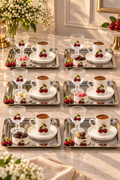 6-Person Cherry Porcelain Coffee Cup Set Set Coffee Side Cups and Square Metal Presentation Tray