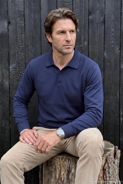 Men's Large Size Polo Collar Navy Blue Sweater with Shoulder Stripe Detail - 5408A Bat