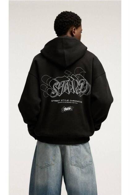 Black Stand Back Printed Oversize Hooded Sweatshirt